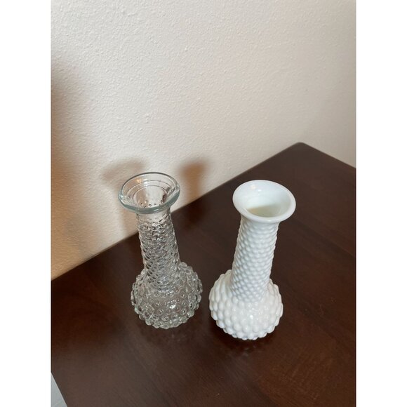 Vintage EO Brody Bud Vases - Set! Clear Glass and Milk Glass Hobnail pattern - Picture 3 of 5